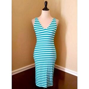 Modcloth Coco Love Teal & White Striped Stretch Knit Sleeveless Midi Dress S